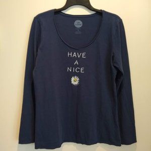 Life is Good Daisy Flower Women's MED Smooth Fitted Long Sleeve Blue T-shirt Top